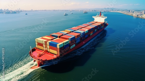 Container ship, Freight business import export logistic and transportation of International container cargo ship in the open sea, Aerial view maritime container freight shipping.
