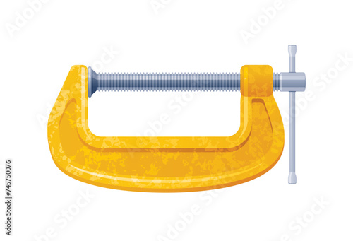 Clamp compress tool. Vise squeeze vector tool. Realistic cartoon yellow clamp compress with screw to tighten, grip object. Isolated metal vise icon. Carpenter accessories tool. 3d handyman instrument