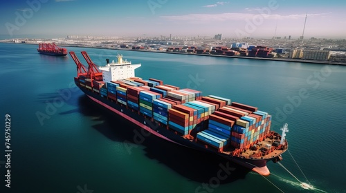 Container ship in export and import business and logistics. Shipping cargo to harbor by crane. Water transport International. Aerial view