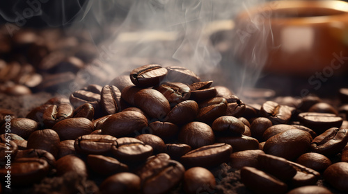 wallpaper of a  Aromatic roasted coffee beans and steam, closeup, food advertising