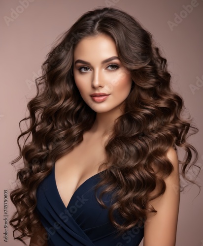 a woman with long curly brown hair and a black dress on a gray background