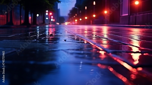 Dark street, reflection of neon light on wet asphalt. Rays of light and red laser light in the dark. Night view of the street, the city. Abstract dark blue background