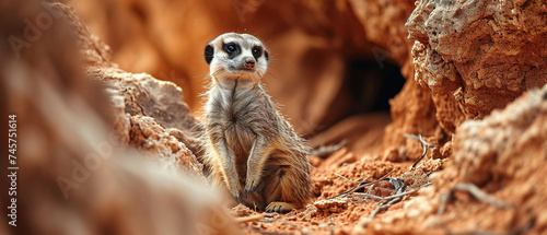 a image of a meerkat , blur nature background, with empty copy space 