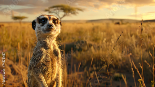 a image of a meerkat , blur nature background, with empty copy space 