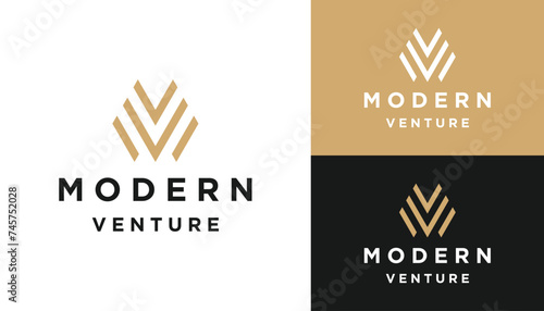 Golden Initial Letter MV V M VM with Simple Monogram Stripes Logo Design photo