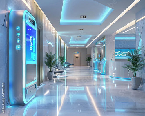 Smart hospital lobby with interactive AI assistants digital health kiosks and ambient healing lights