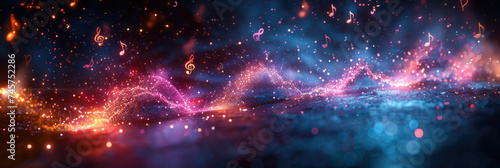 Close up of Melody flowing music wave abstract background showing colourful music notes which are musical notation symbols  illustration