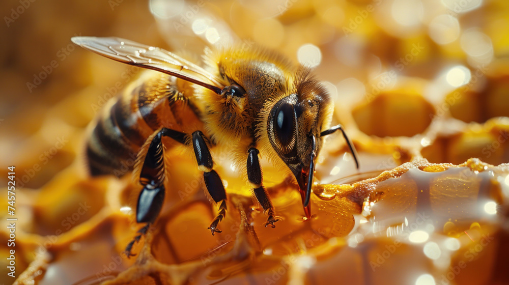 A bee and honey. - obrazy, fototapety, plakaty 