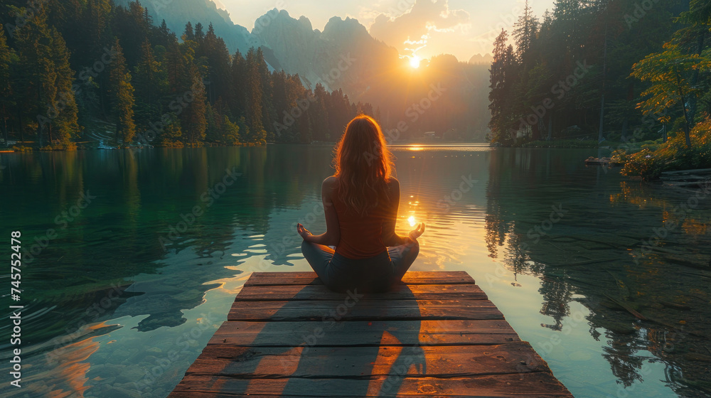 A facing back young woman practicing meditation or yoga, sitting on a wooden pier on the shore of a beautiful mountain lake at sunrise. - obrazy, fototapety, plakaty 