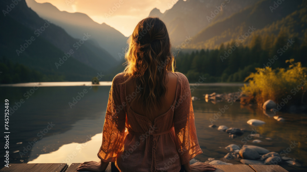 A facing back young woman practicing meditation or yoga, sitting on a wooden pier on the shore of a beautiful mountain lake at sunrise. - obrazy, fototapety, plakaty 