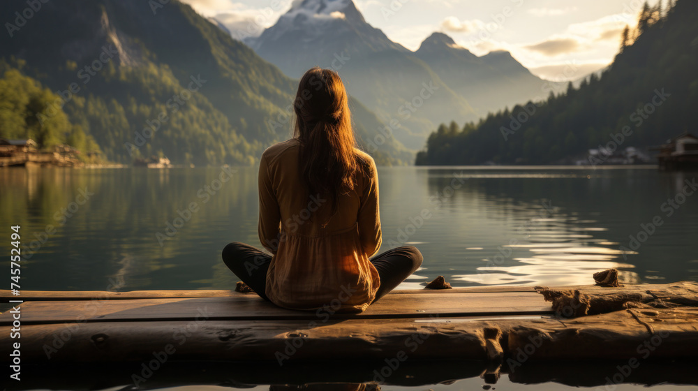 A facing back young woman practicing meditation or yoga, sitting on a wooden pier on the shore of a beautiful mountain lake at sunrise.