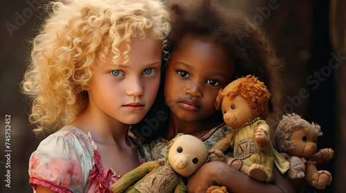 Multiracial girls playing with dolls. Children's Day photo