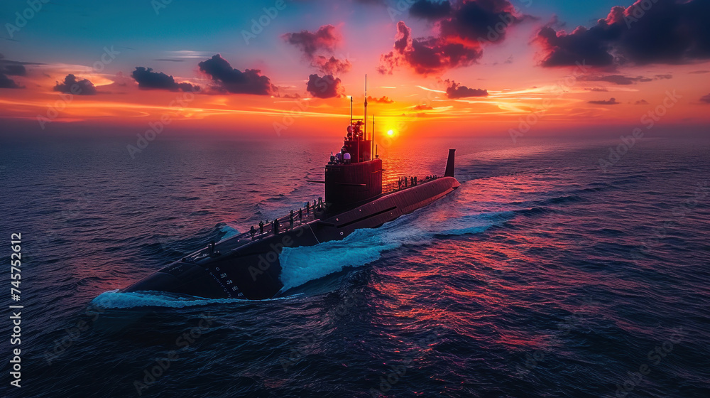 Aerial high view of Submarine passing in the sea. - obrazy, fototapety, plakaty 