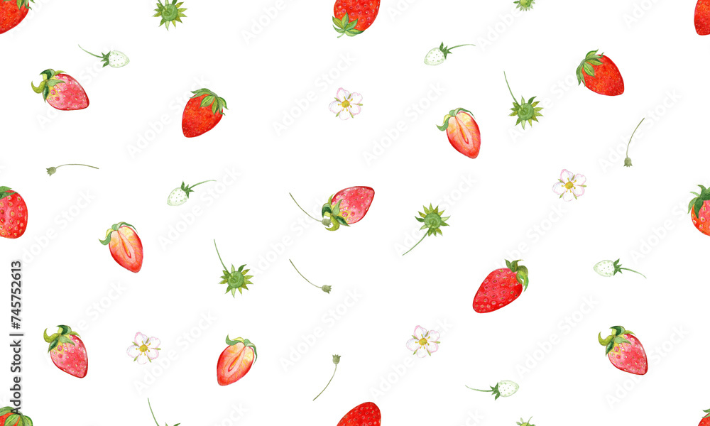 Seamless watercolor pattern. Red strawberries on a transparent background. Seamless watercolor pattern. Red strawberries on a transparent background.