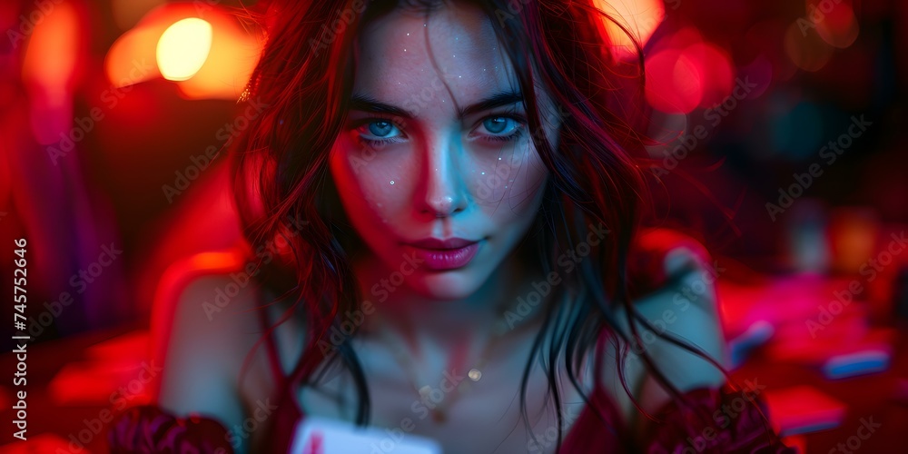 Fototapeta premium Background of woman playing cards perfect for banners or marketing materials. Concept Woman playing cards, banner background, marketing material, game of cards, online gambling,