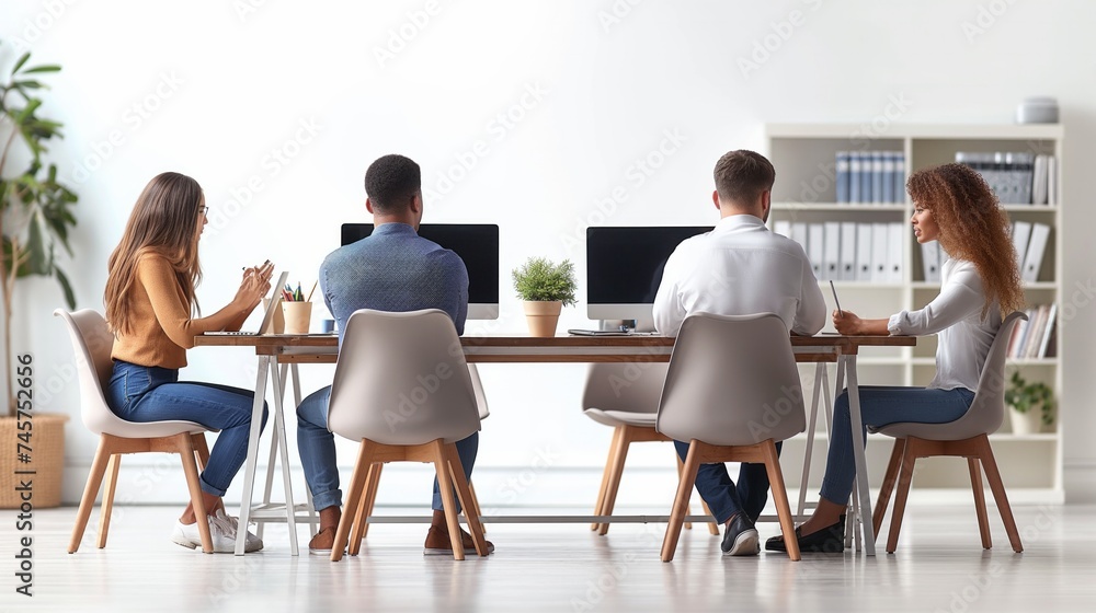 Business team working on a project in the office behind a table or reviewing and discussing a business project. IT workers in the office. Team concept. Work concept. Leaders concept. Business concept Business team working on a project in the office behind a table or reviewing and discussing a business project. IT workers in the office. Team concept. Work concept. Leaders concept. Business concept