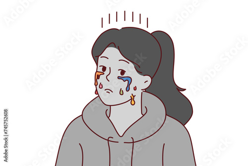 Crying teenage woman with depressed grimace and multi-colored tears, suffering due to lack of creative success. Crying girl needs support from friends to restore psychological state