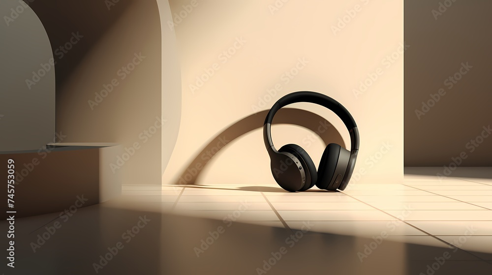 An elegant set of wireless headphones, casting a shadow on a minimalist surface. An elegant set of wireless headphones, casting a shadow on a minimalist surface.