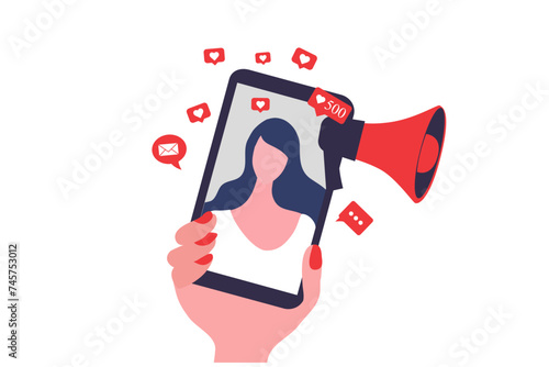 Woman shouting in loud speaker with social media icons. Influencer social media marketing, vlogger, youtuber, social influencer and influencer marketing concept vector illustration