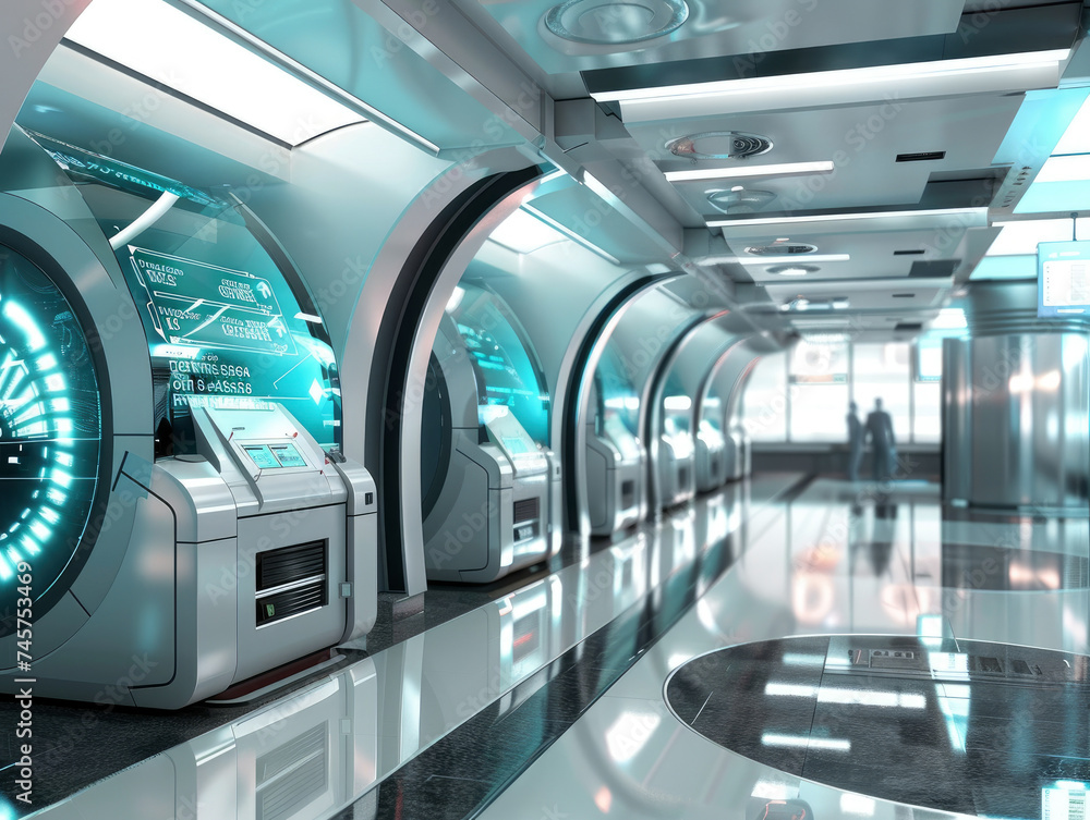 Obraz premium High tech bank of the future with digital currency exchange biometric security and virtual money transfers