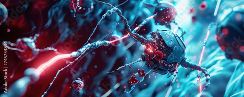 Nanotechnology in medicine showcasing nanobots performing cellular repair in a bloodstream model photo