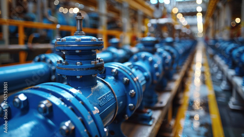 Blue valves in a factory, industrial and manufacturing concepts.