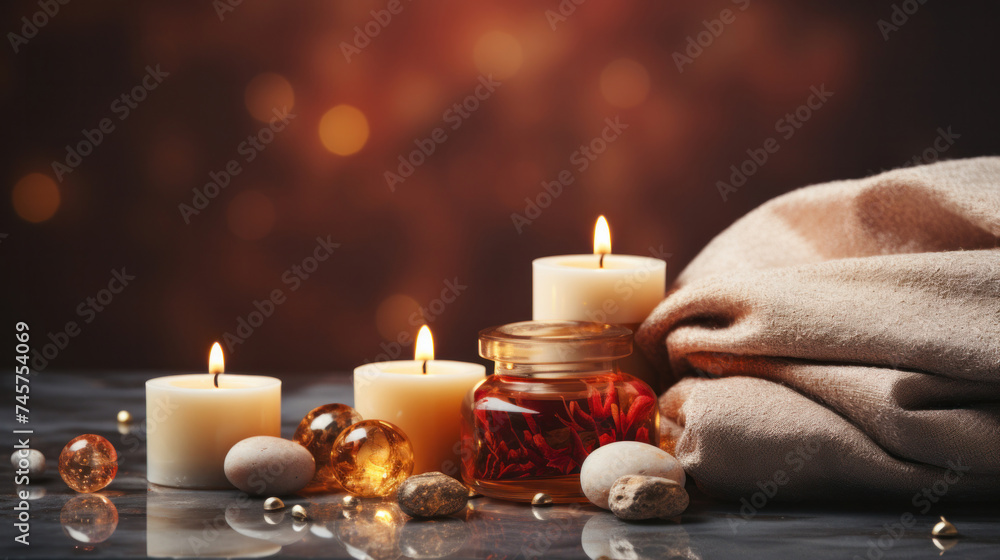 Close up of Towels, stones, reed air freshener and burning candles on white marble table against blurred lights, Spa, space for text. - obrazy, fototapety, plakaty 