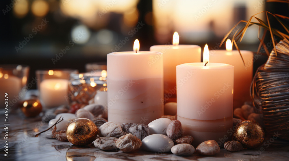 Obraz premium Close up of Towels, stones, reed air freshener and burning candles on white marble table against blurred lights, Spa, space for text.