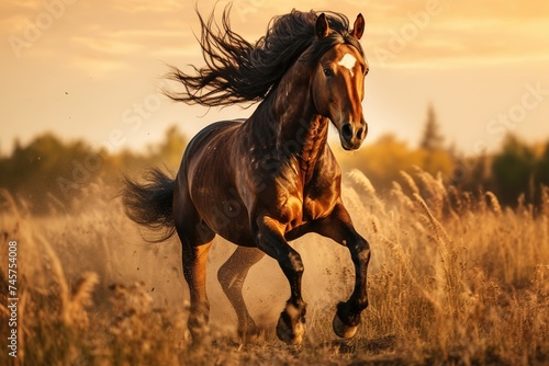 Powerful horse galloping across open field at dawn, capturing its strength and freedom, ideal for equestrian and nature lovers © Vikarest