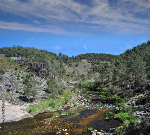 Mountain valley landscape with river with cloudy sky and small rocks