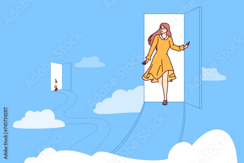 Woman teleports by entering magical door and exiting in arcuate place, located in sky among heavenly clouds. Young girl from fantasy universe can teleports and move in space thanks to magic