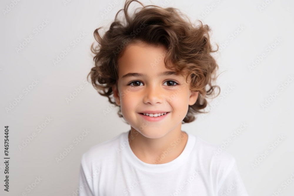 Portrait of a cute little boy with curly hair on a gray background Portrait of a cute little boy with curly hair on a gray background