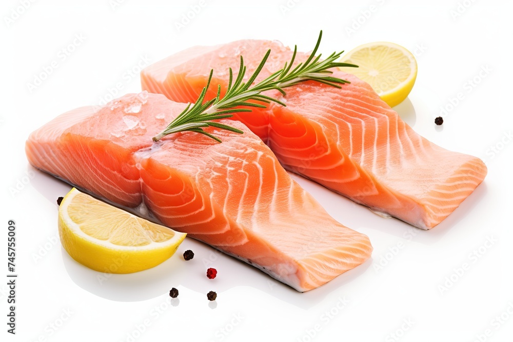 Raw, fresh Pacific salmon fillets garnished with rosemary, peppercorns, and lemon, showcasing a delicious and healthy seafood meal, isolated on a white background Raw, fresh Pacific salmon fillets garnished with rosemary, peppercorns, and lemon, showcasing a delicious and healthy seafood meal, isolated on a white background