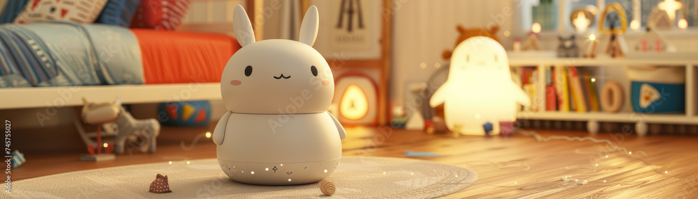 Cute AI driven companions in a childs bedroom designed to teach and entertain in a world of augmented reality Cute AI driven companions in a childs bedroom designed to teach and entertain in a world of augmented reality