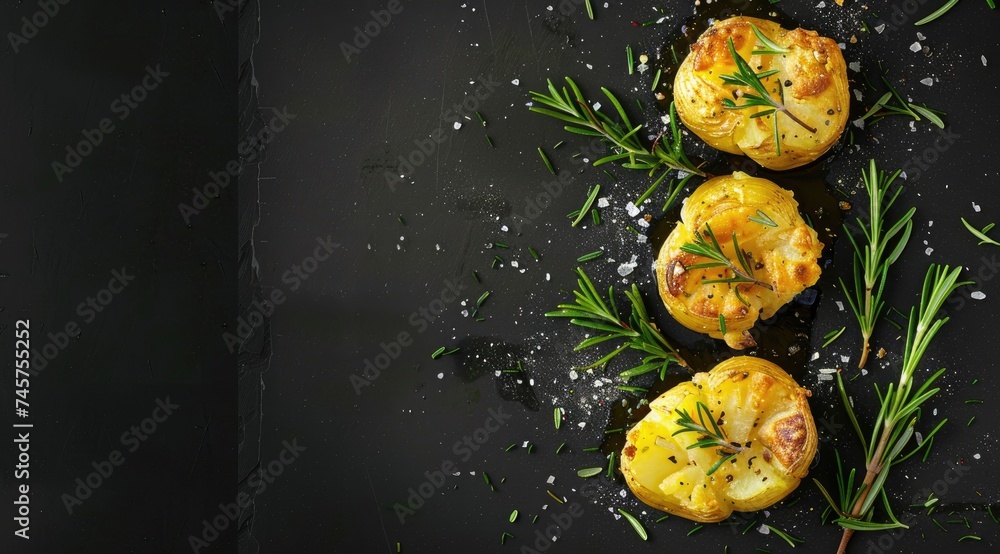 Crushed, smashed potatoes baked with rosemary and thyme. Black background. Top view. - obrazy, fototapety, plakaty 