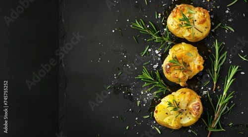 Crushed, smashed potatoes baked with rosemary and thyme. Black background. Top view. photo