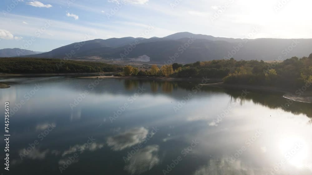 Aerial Autumn view of The Forty Springs Reservoir near town of Asenovgrad, Plovdiv Region, Bulgaria