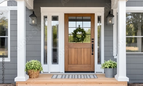 A grey modern farmhouse front door with a covered porch 