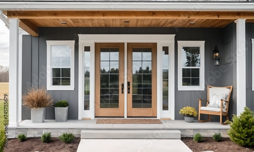 A grey modern farmhouse front door with a covered porch,