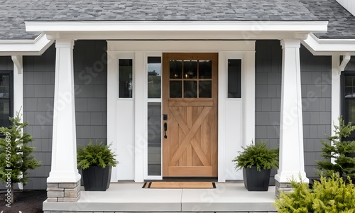 A grey modern farmhouse front door with a covered porch, © Arhitercture