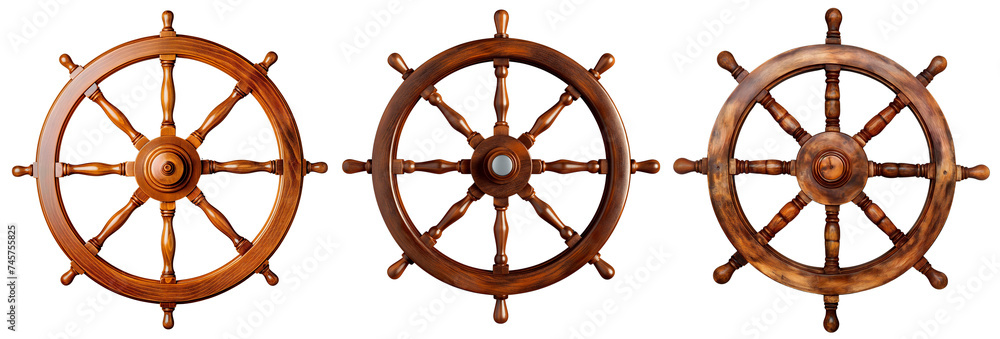 Wooden steering wheel rudder of a boat. Isolated on a transparent background.