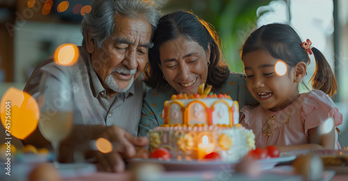 Cute little Asian grand daughter celebrating birthday with grandparents, families celebrating special occasions - AI Generated