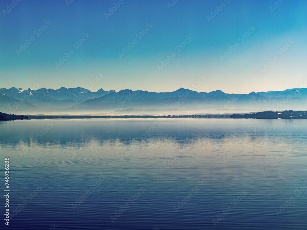 Blick vom Ufer des Starnberger Sees in südlicher Richtung auf die Bergkette der Alpen