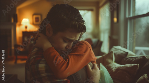 Two young siblings embracing in a comforting hug.