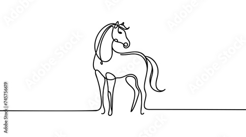Continuous one line drawing. Horse logo. Black and white vector illustration.