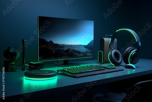 Minimalistic desk setup featuring a futuristic-looking headset and a compact keyboard