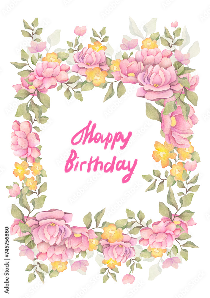 watercolor floral Happy birthday greeting card design for woman. Text in cute delicate frame on transparent background