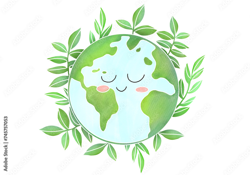 Cute green Earth planet is globe plants and flowers grow around it ...
