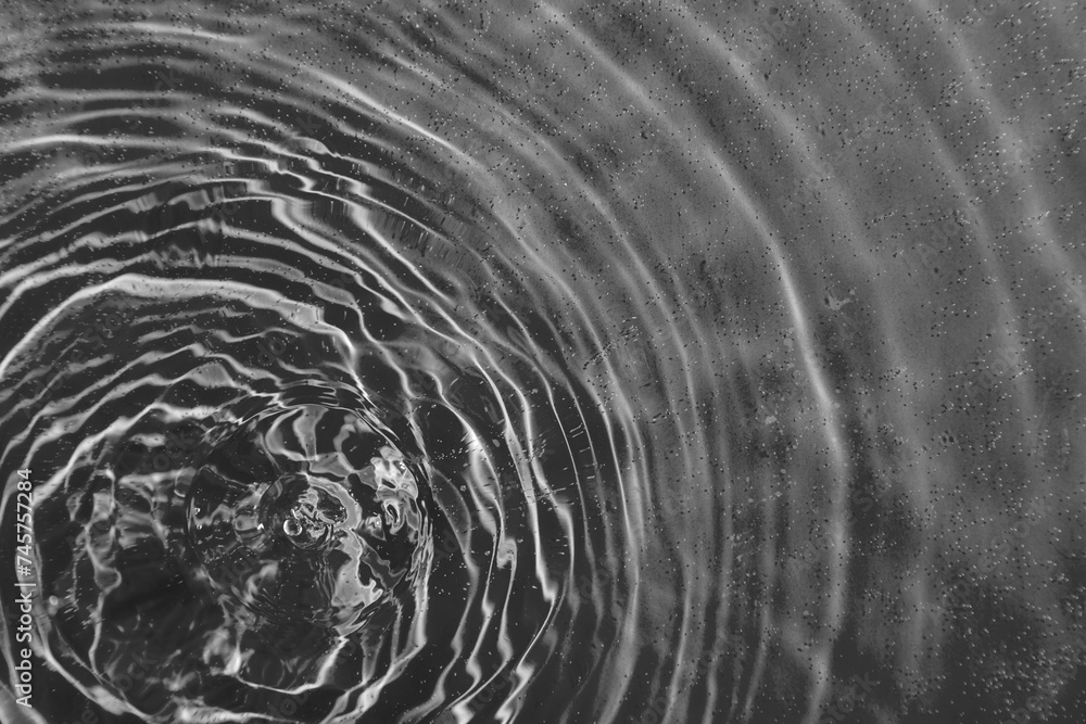 drops on water with circles on a black background - obrazy, fototapety, plakaty 