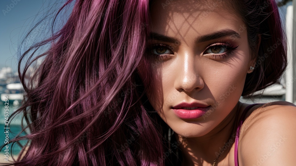 Radiant Elegance: Closeup Portrait of Woman with Purple Hair